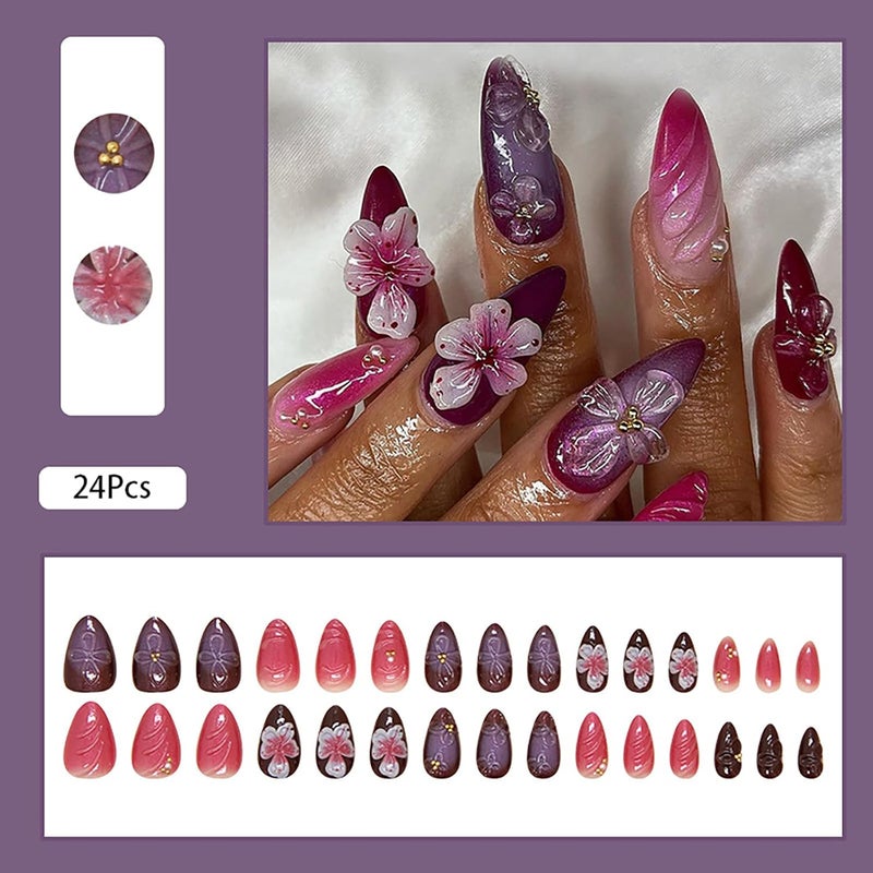 ASABITE 24 Pcs Almond Press on Nails Medium Length Fake Nails with Glue 3D Flower Nails Acrylic Nails Press ons Artificial Nails Spring Summer Glue on Nails Reusable False Nails Manicure for Women - Image 2